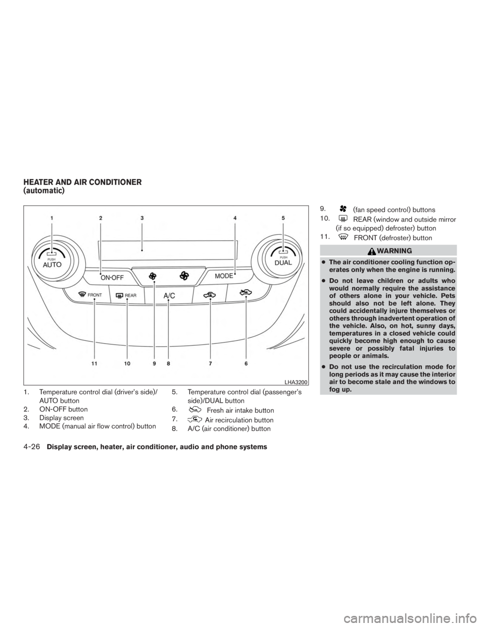 NISSAN MURANO PLATINUM 2015 Owners Manual 1. Temperature control dial (driver’s side)/AUTO button
2. ON-OFF button
3. Display screen
4. MODE (manual air flow control) button 5. Temperature control dial (passenger’s
side)/DUAL button
6. NISSAN MURANO PLATINUM 2015 Owners Manual 1. Temperature control dial (driver’s side)/AUTO button
2. ON-OFF button
3. Display screen
4. MODE (manual air flow control) button 5. Temperature control dial (passenger’s
side)/DUAL button
6.