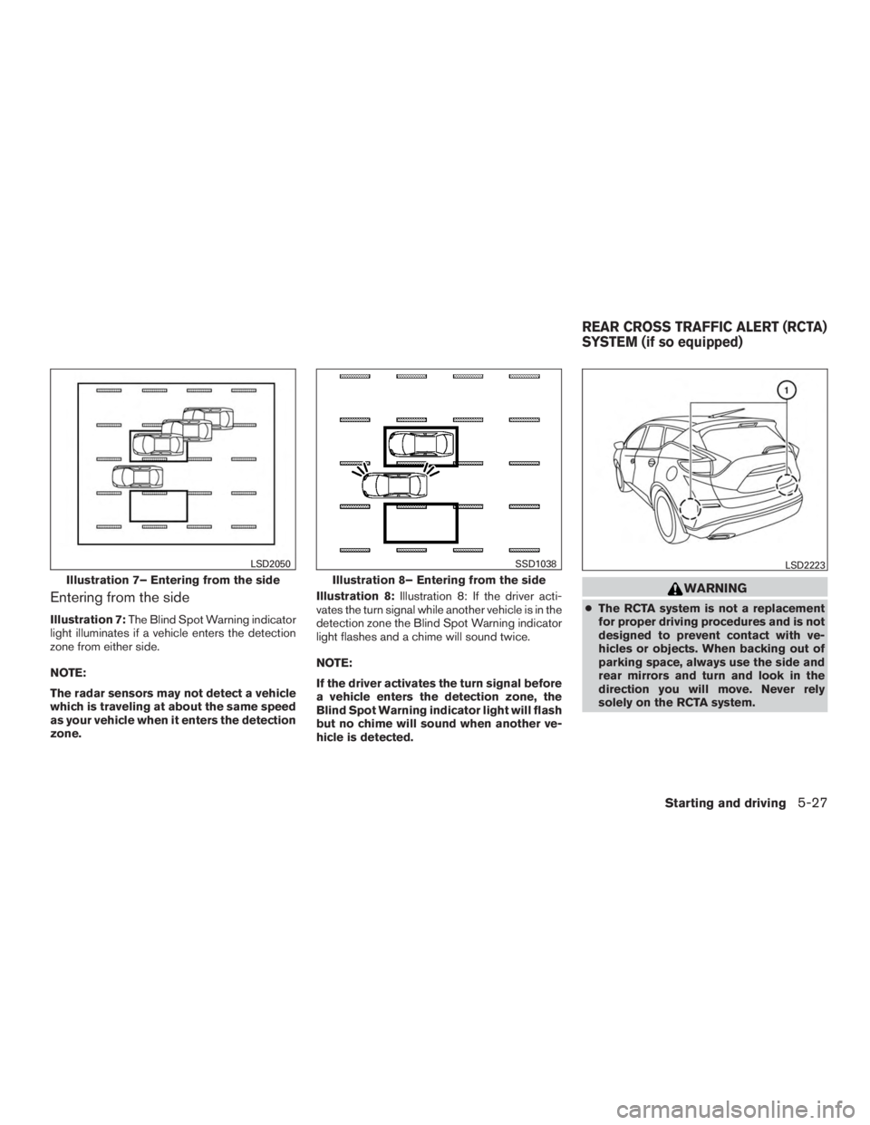 NISSAN MURANO PLATINUM 2015  Owners Manual Entering from the side
Illustration 7:The Blind Spot Warning indicator
light illuminates if a vehicle enters the detection
zone from either side.
NOTE:
The radar sensors may not detect a vehicle
which