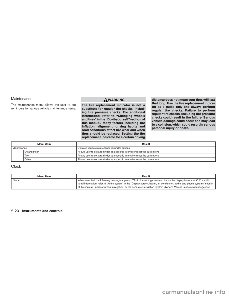 NISSAN MURANO PLATINUM 2017  Owners Manual Maintenance
The maintenance menu allows the user to set
reminders for various vehicle maintenance items. 