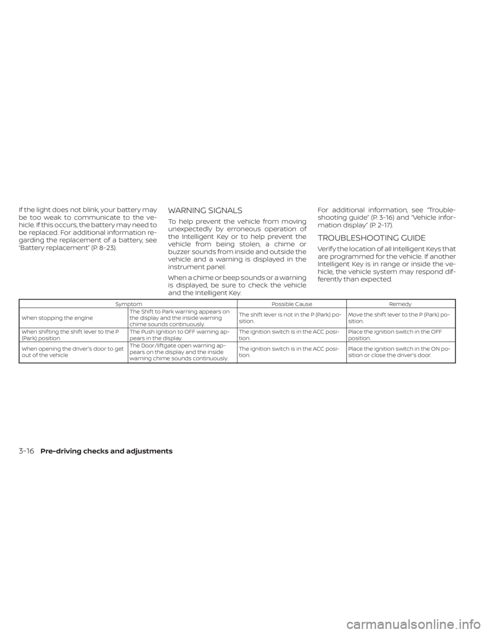 NISSAN MURANO 2022 Owners Manual SymptomPossible CauseRemedy
When stopping the engine The Shif t to Park warning appears on
the display and the inside warning
chime sounds continuously. The shif t lever is not in the P (Park) po-
sit NISSAN MURANO 2022 Owners Manual SymptomPossible CauseRemedy
When stopping the engine The Shif t to Park warning appears on
the display and the inside warning
chime sounds continuously. The shif t lever is not in the P (Park) po-
sit