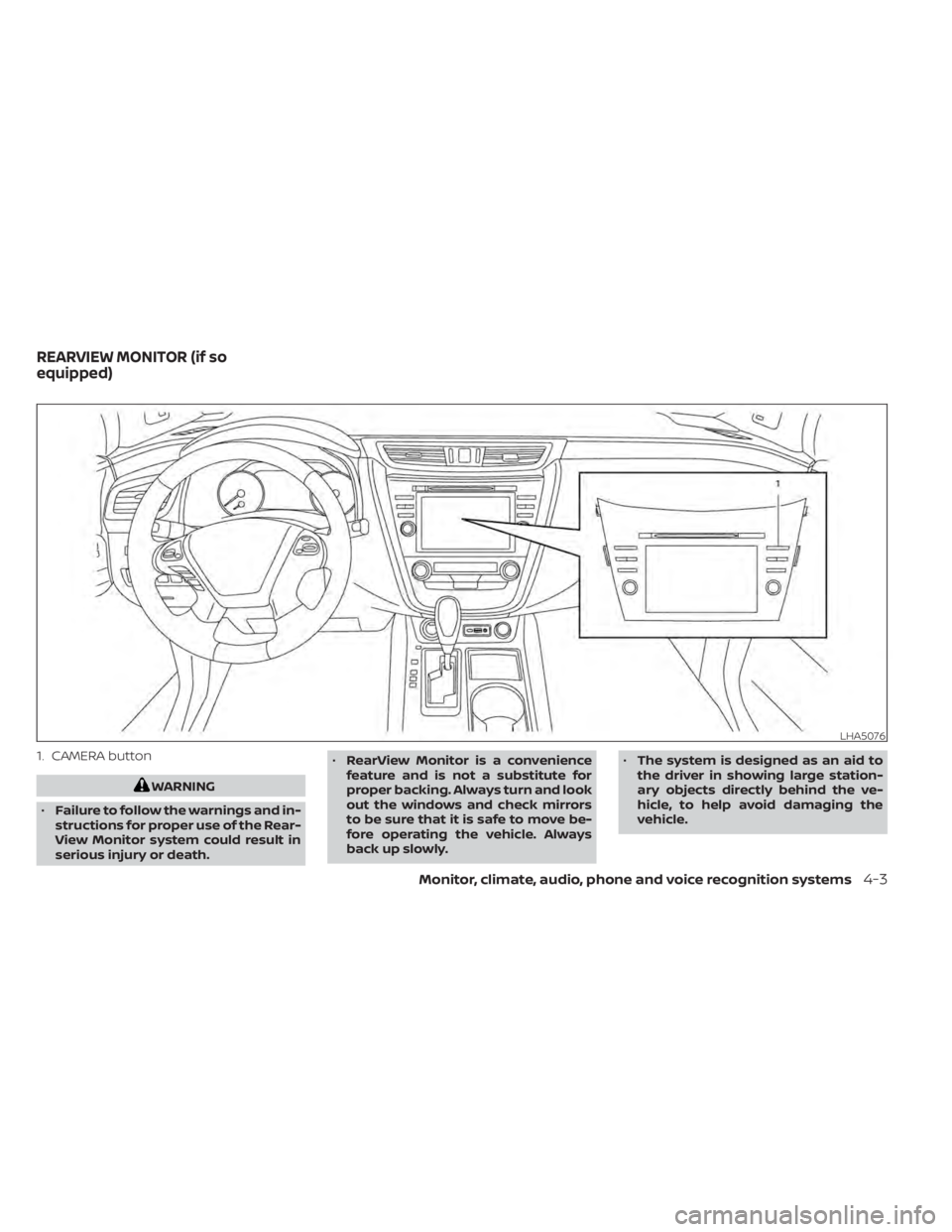 NISSAN MURANO 2022 Owners Manual 1. CAMERA button
Monitor, climate, audio, phone and voice recognition systems4-3 NISSAN MURANO 2022 Owners Manual 1. CAMERA button
Monitor, climate, audio, phone and voice recognition systems4-3