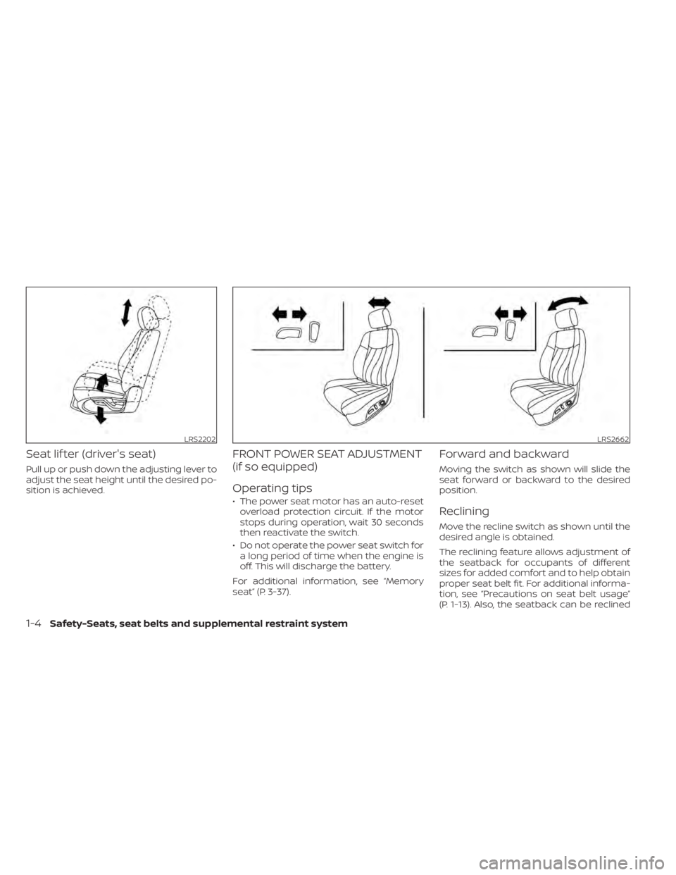 NISSAN MURANO 2022 Owners Manual LRS2202LRS2662
1-4Safety-Seats, seat belts and supplemental restraint system 