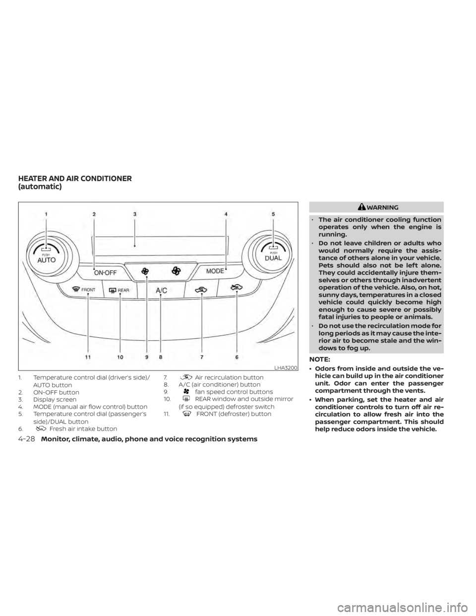 NISSAN MURANO 2022 Owners Manual 1. Temperature control dial (driver’s side)/AUTO button
2. ON-OFF button
3. Display screen
4. MODE (manual air flow control) button
5. Temperature control dial (passenger’s
side)/DUAL button
6.
Fr NISSAN MURANO 2022 Owners Manual 1. Temperature control dial (driver’s side)/AUTO button
2. ON-OFF button
3. Display screen
4. MODE (manual air flow control) button
5. Temperature control dial (passenger’s
side)/DUAL button
6.
Fr