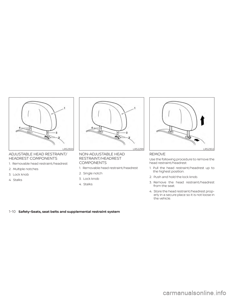NISSAN MURANO 2022 Owners Manual LRS2300LRS2299LRS2302
1-10Safety-Seats, seat belts and supplemental restraint system 