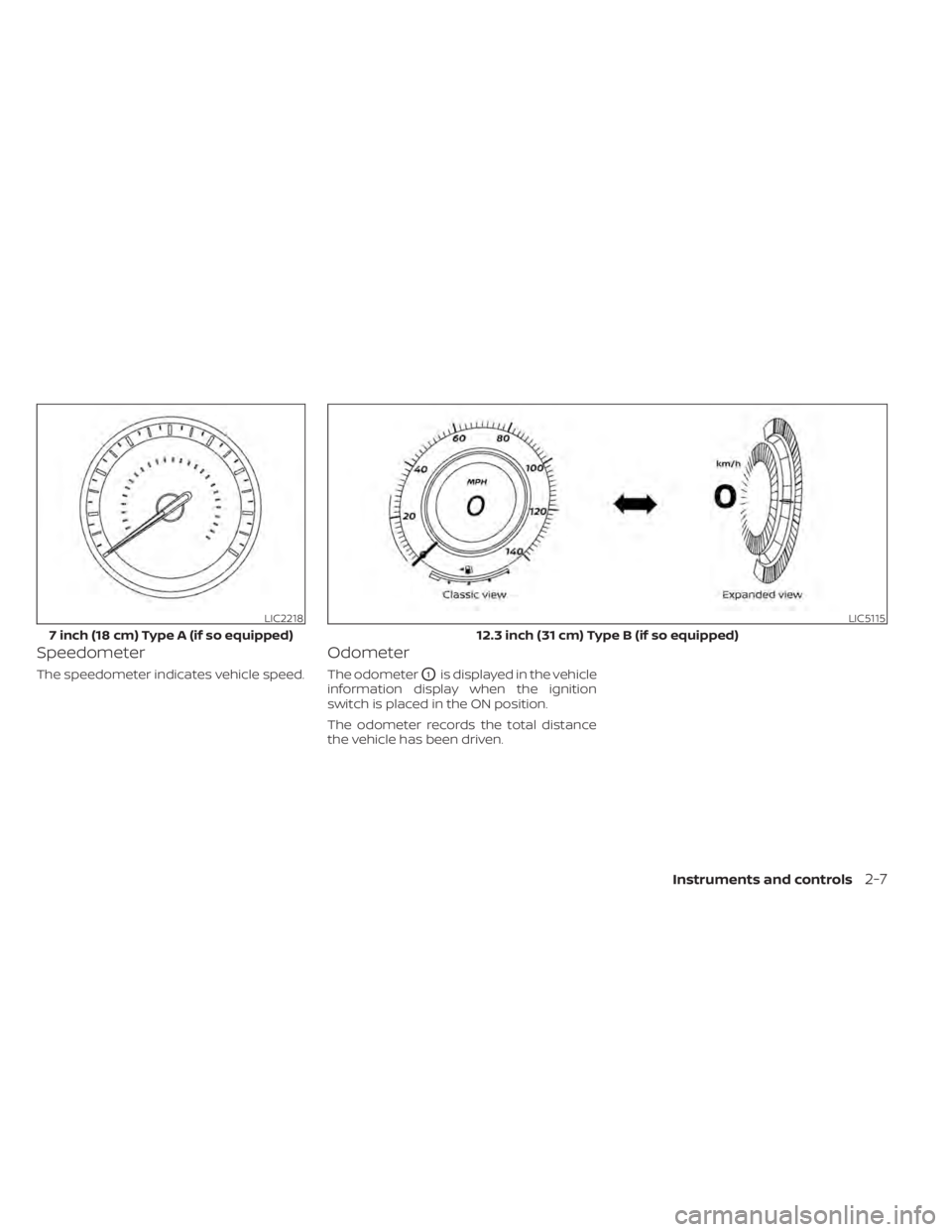 NISSAN PATHFINDER 2023  Owners Manual Speedometer
The speedometer indicates vehicle speed.
Odometer
The odometerO1is displayed in the vehicle
information display when the ignition
switch is placed in the ON position.
The odometer records 