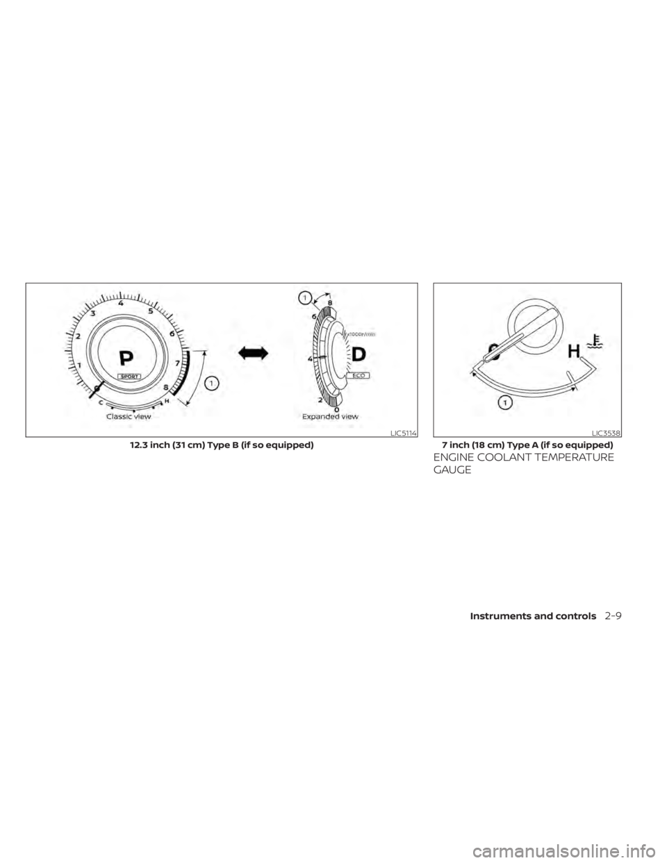 NISSAN PATHFINDER 2023  Owners Manual ENGINE COOLANT TEMPERATURE
GAUGE
LIC5114
12.3 inch (31 cm) Type B (if so equipped)
LIC3538
7 inch (18 cm) Type A (if so equipped)
Instruments and controls2-9 