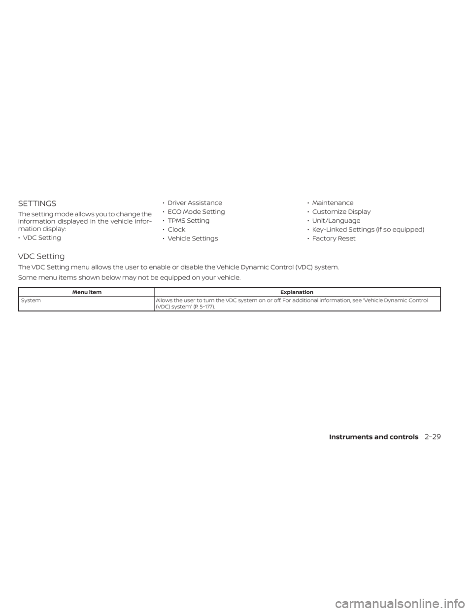 NISSAN PATHFINDER 2023 Owners Manual SETTINGS
The setting mode allows you to change the
information displayed in the vehicle infor-
mation display:
• VDC Setting• Driver Assistance
• ECO Mode Setting
• TPMS Setting
• Clock
• NISSAN PATHFINDER 2023 Owners Manual SETTINGS
The setting mode allows you to change the
information displayed in the vehicle infor-
mation display:
• VDC Setting• Driver Assistance
• ECO Mode Setting
• TPMS Setting
• Clock
•