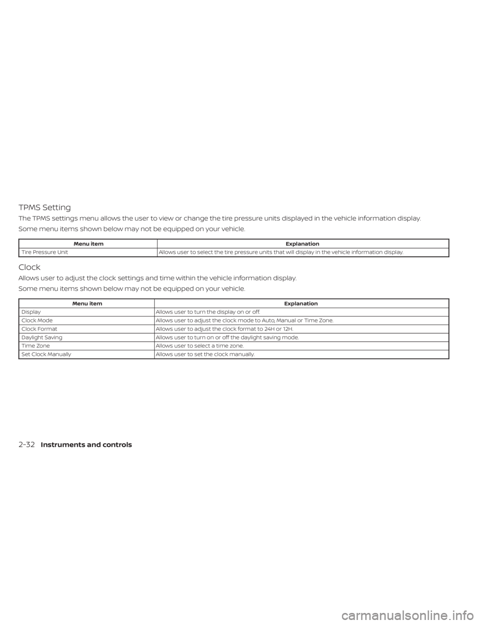 NISSAN PATHFINDER 2023  Owners Manual TPMS Setting
The TPMS settings menu allows the user to view or change the tire pressure units displayed in the vehicle information display.
Some menu items shown below may not be equipped on your vehi