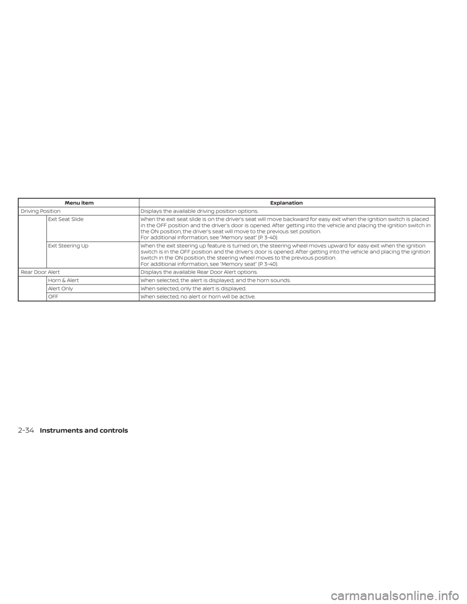 NISSAN PATHFINDER 2023  Owners Manual Menu itemExplanation
Driving Position Displays the available driving position options.
Exit Seat Slide When the exit seat slide is on the driver’s seat will move backward for easy exit when the igni