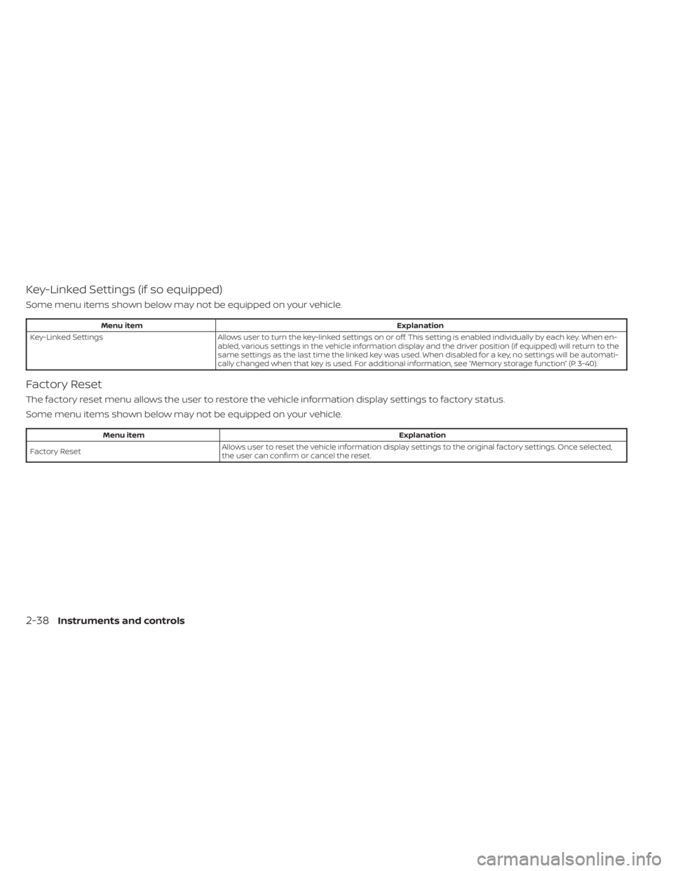 NISSAN PATHFINDER 2023  Owners Manual Key-Linked Settings (if so equipped)
Some menu items shown below may not be equipped on your vehicle.
Menu itemExplanation
Key-Linked Settings Allows user to turn the key-linked settings on or off. Th