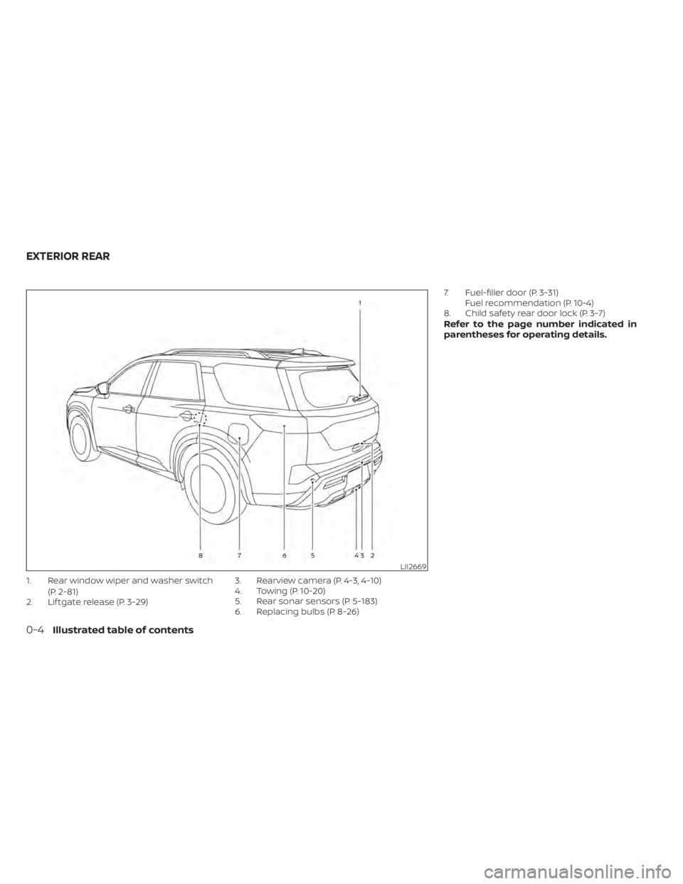 NISSAN PATHFINDER 2023 User Guide 1. Rear window wiper and washer switch(P. 2-81)
2. Lif tgate release (P. 3-29) 3. Rearview camera (P. 4-3, 4-10)
4. Towing (P. 10-20)
5. Rear sonar sensors (P. 5-183)
6. Replacing bulbs (P. 8-26)7. Fu