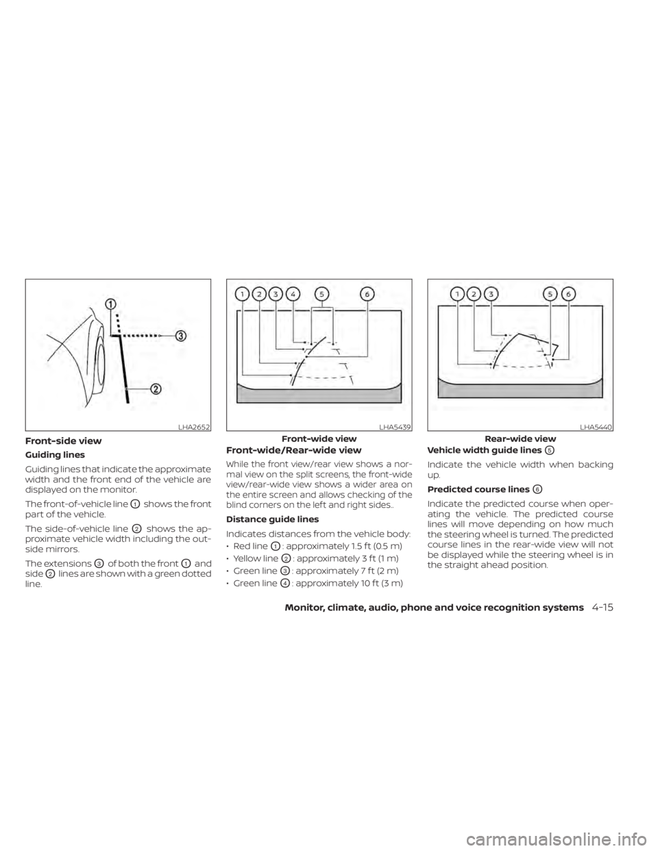 NISSAN PATHFINDER 2023 Owners Manual Front-side view
Guiding lines
Guiding lines that indicate the approximate
width and the front end of the vehicle are
displayed on the monitor.
The front-of-vehicle line
O1shows the front
part of the v NISSAN PATHFINDER 2023 Owners Manual Front-side view
Guiding lines
Guiding lines that indicate the approximate
width and the front end of the vehicle are
displayed on the monitor.
The front-of-vehicle line
O1shows the front
part of the v