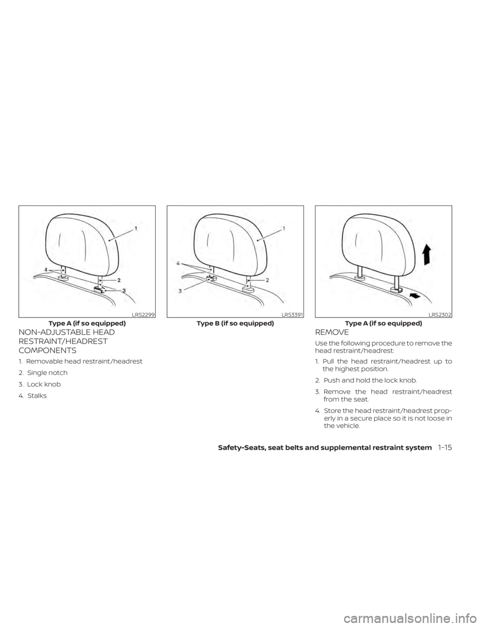 NISSAN PATHFINDER 2023 Owners Guide NON-ADJUSTABLE HEAD
RESTRAINT/HEADREST
COMPONENTS
1. Removable head restraint/headrest
2. Single notch
3. Lock knob
4. Stalks
REMOVE
Use the following procedure to remove the
head restraint/headrest:
