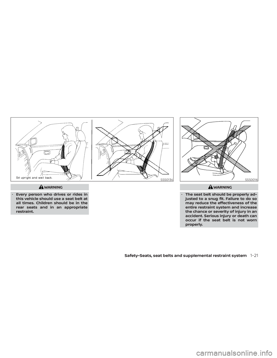 NISSAN PATHFINDER 2023 Service Manual WARNING
• Every person who drives or rides in
this vehicle should use a seat belt at
all times. Children should be in the
rear seats and in an appropriate
restraint.WARNING
• The seat belt should 