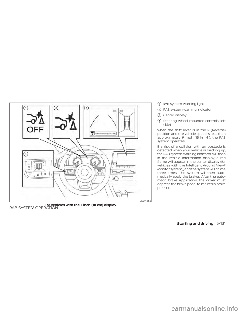 NISSAN PATHFINDER 2023  Owners Manual RAB SYSTEM OPERATION
1RAB system warning light
2RAB system warning indicator
3Center display
4Steering-wheel-mounted controls (lef t
side)
When the shif t lever is in the R (Reverse)
position and 
