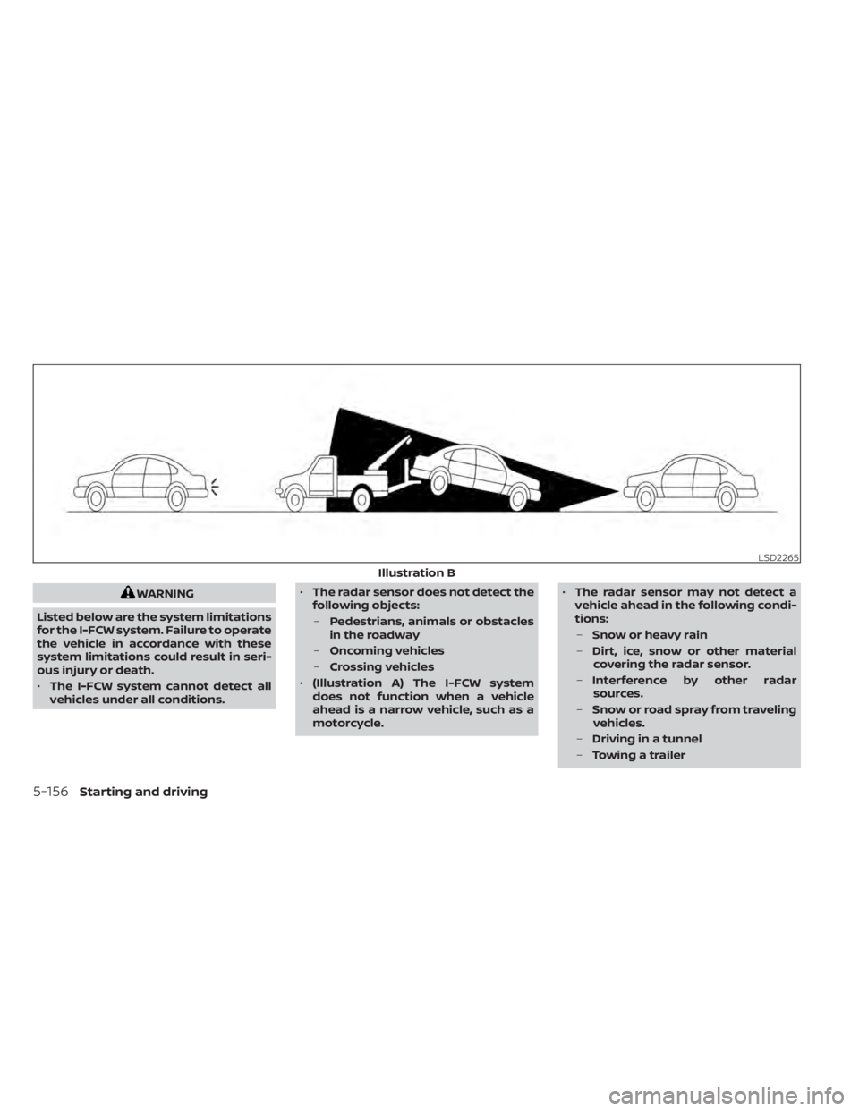 NISSAN PATHFINDER 2023  Owners Manual WARNING
Listed below are the system limitations
for the I-FCW system. Failure to operate
the vehicle in accordance with these
system limitations could result in seri-
ous injury or death.
• The I-FC