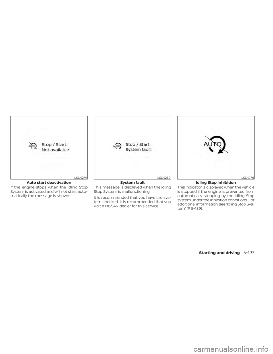 NISSAN PATHFINDER 2023  Owners Manual If the engine stops when the Idling Stop
System is activated and will not start auto-
matically, the message is shown.This message is displayed when the Idling
Stop System is malfunctioning.
It is rec