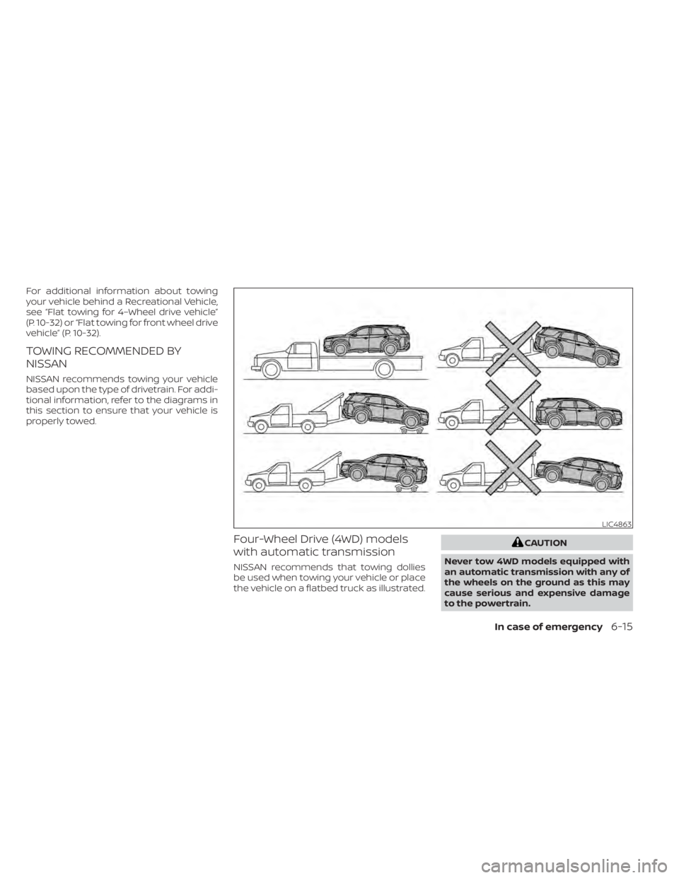 NISSAN PATHFINDER 2023  Owners Manual For additional information about towing
your vehicle behind a Recreational Vehicle,
see “Flat towing for 4–Wheel drive vehicle”
(P. 10-32) or “Flat towing for front wheel drive
vehicle” (P. 