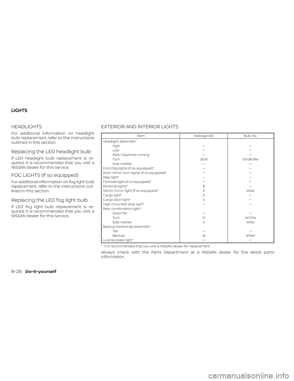 NISSAN PATHFINDER 2023  Owners Manual HEADLIGHTS
For additional information on headlight
bulb replacement, refer to the instructions
outlined in this section.
Replacing the LED headlight bulb
If LED headlight bulb replacement is re-
quire