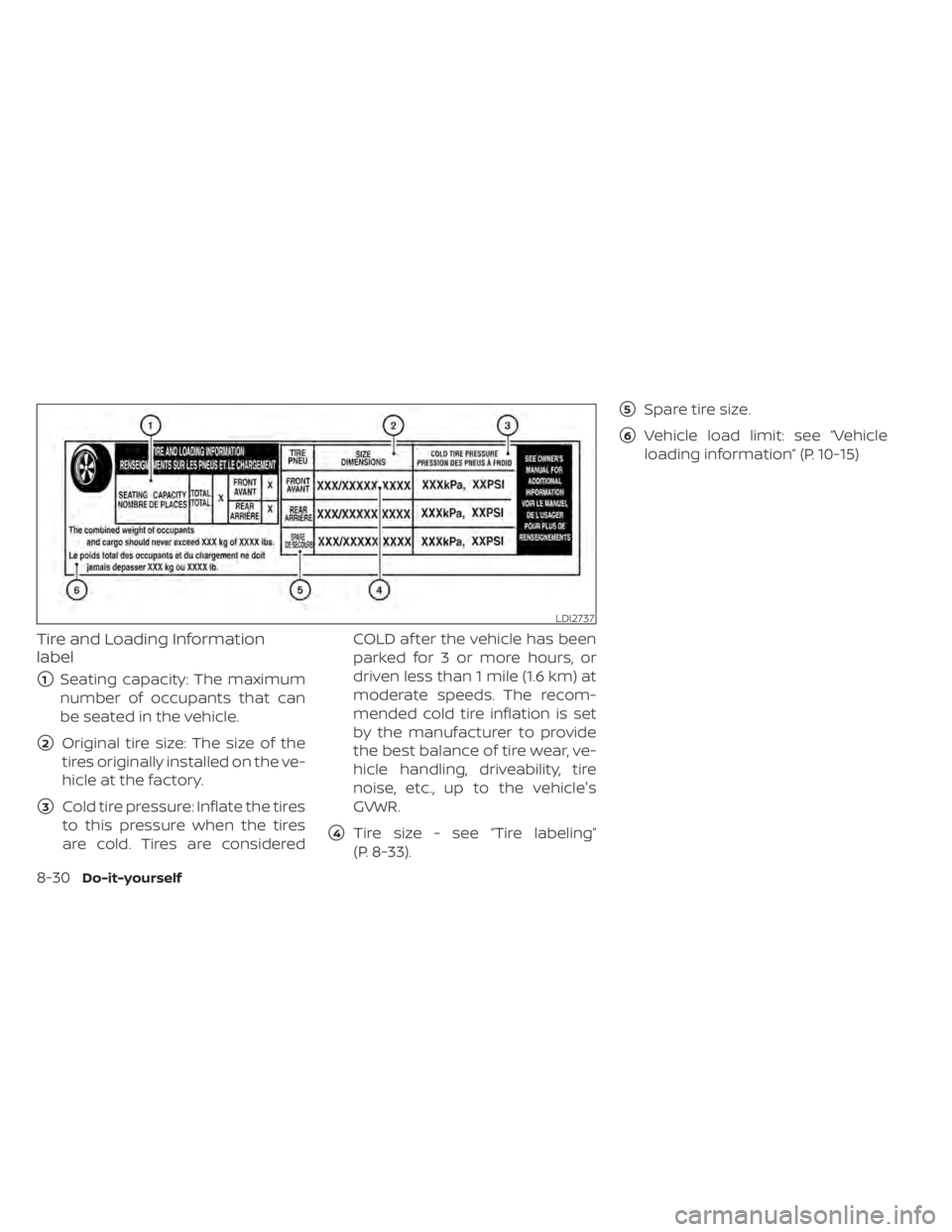 NISSAN PATHFINDER 2023  Owners Manual Tire and Loading Information
label
1Seating capacity: The maximum
number of occupants that can
be seated in the vehicle.
2Original tire size: The size of the
tires originally installed on the ve-
hi