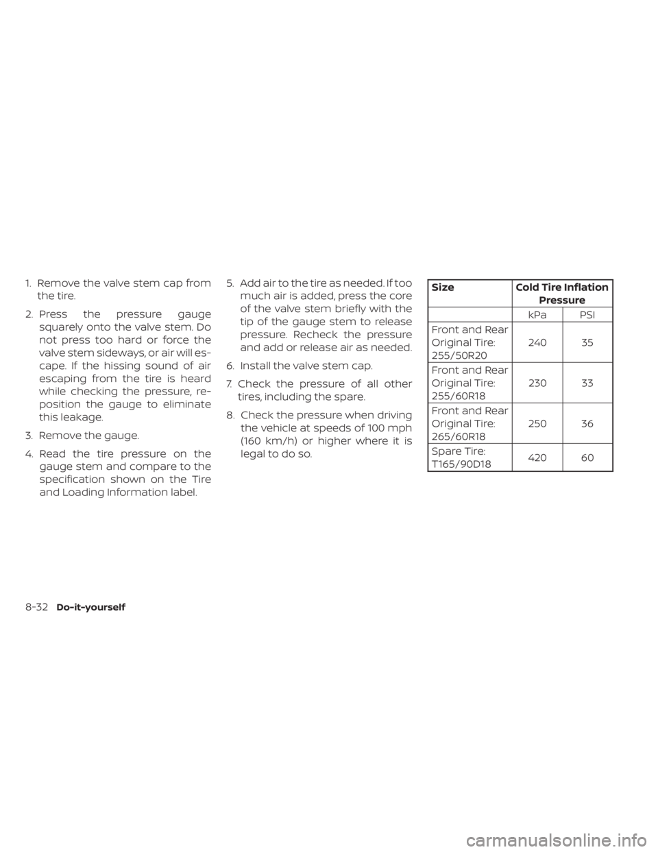 NISSAN PATHFINDER 2023  Owners Manual 1. Remove the valve stem cap fromthe tire.
2. Press the pressure gauge squarely onto the valve stem. Do
not press too hard or force the
valve stem sideways, or air will es-
cape. If the hissing sound 