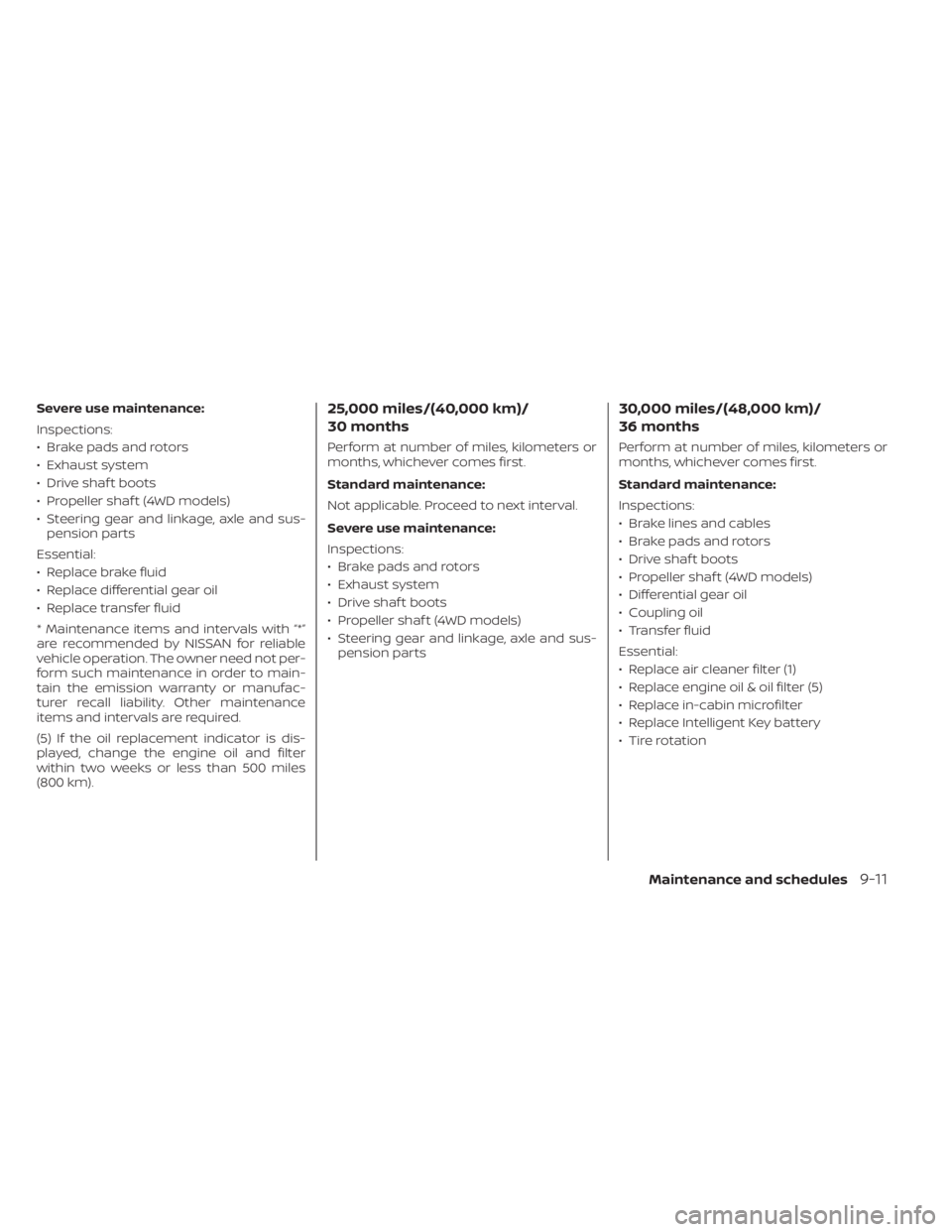 NISSAN PATHFINDER 2023 Owners Manual Severe use maintenance:
Inspections:
• Brake pads and rotors
• Exhaust system
• Drive shaf t boots
• Propeller shaf t (4WD models)
• Steering gear and linkage, axle and sus-pension parts
Ess NISSAN PATHFINDER 2023 Owners Manual Severe use maintenance:
Inspections:
• Brake pads and rotors
• Exhaust system
• Drive shaf t boots
• Propeller shaf t (4WD models)
• Steering gear and linkage, axle and sus-pension parts
Ess