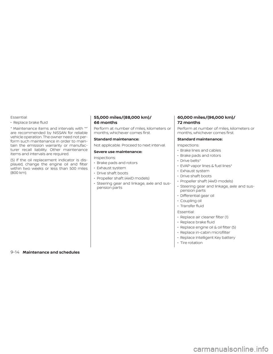 NISSAN PATHFINDER 2023 Owners Manual Essential:
• Replace brake fluid
* Maintenance items and intervals with “*”
are recommended by NISSAN for reliable
vehicle operation. The owner need not per-
form such maintenance in order to ma NISSAN PATHFINDER 2023 Owners Manual Essential:
• Replace brake fluid
* Maintenance items and intervals with “*”
are recommended by NISSAN for reliable
vehicle operation. The owner need not per-
form such maintenance in order to ma