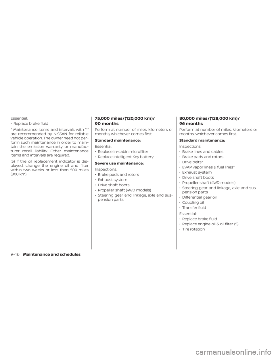 NISSAN PATHFINDER 2023 Owners Manual Essential:
• Replace brake fluid
* Maintenance items and intervals with “*”
are recommended by NISSAN for reliable
vehicle operation. The owner need not per-
form such maintenance in order to ma NISSAN PATHFINDER 2023 Owners Manual Essential:
• Replace brake fluid
* Maintenance items and intervals with “*”
are recommended by NISSAN for reliable
vehicle operation. The owner need not per-
form such maintenance in order to ma
