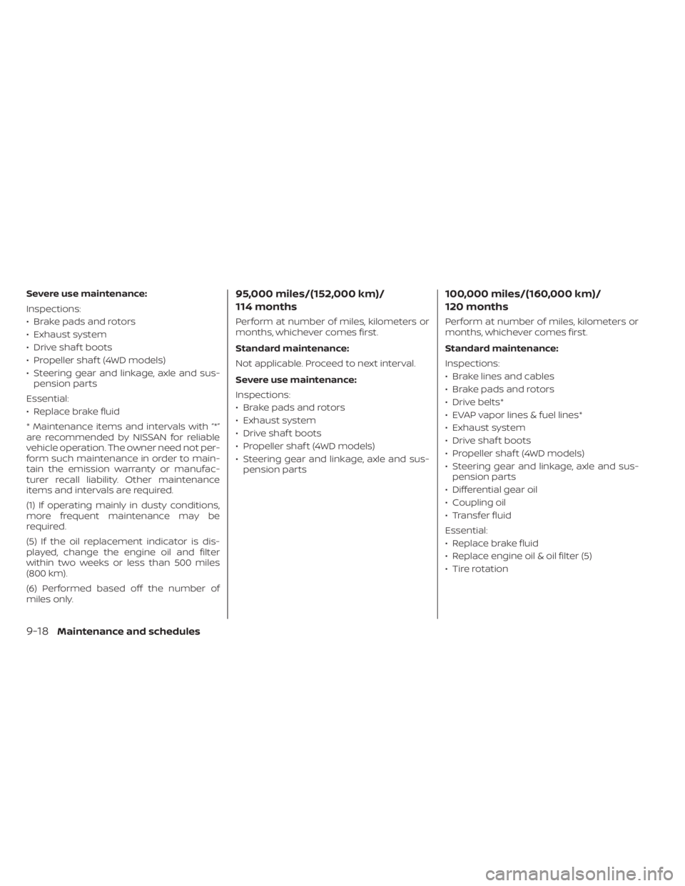 NISSAN PATHFINDER 2023 Owners Manual Severe use maintenance:
Inspections:
• Brake pads and rotors
• Exhaust system
• Drive shaf t boots
• Propeller shaf t (4WD models)
• Steering gear and linkage, axle and sus-pension parts
Ess NISSAN PATHFINDER 2023 Owners Manual Severe use maintenance:
Inspections:
• Brake pads and rotors
• Exhaust system
• Drive shaf t boots
• Propeller shaf t (4WD models)
• Steering gear and linkage, axle and sus-pension parts
Ess