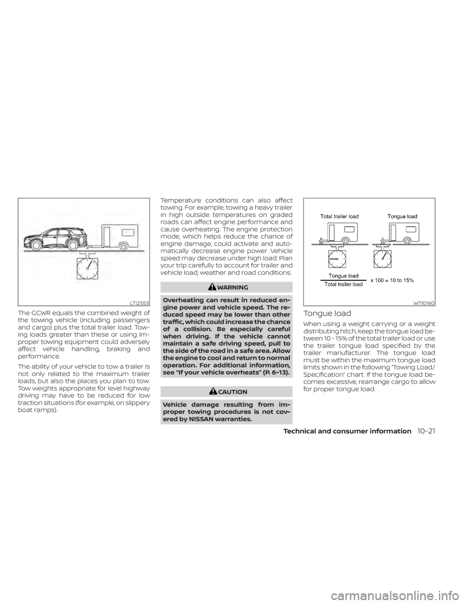 NISSAN PATHFINDER 2023 Owners Manual The GCWR equals the combined weight of
the towing vehicle (including passengers
and cargo) plus the total trailer load. Tow-
ing loads greater than these or using im-
proper towing equipment could adv NISSAN PATHFINDER 2023 Owners Manual The GCWR equals the combined weight of
the towing vehicle (including passengers
and cargo) plus the total trailer load. Tow-
ing loads greater than these or using im-
proper towing equipment could adv