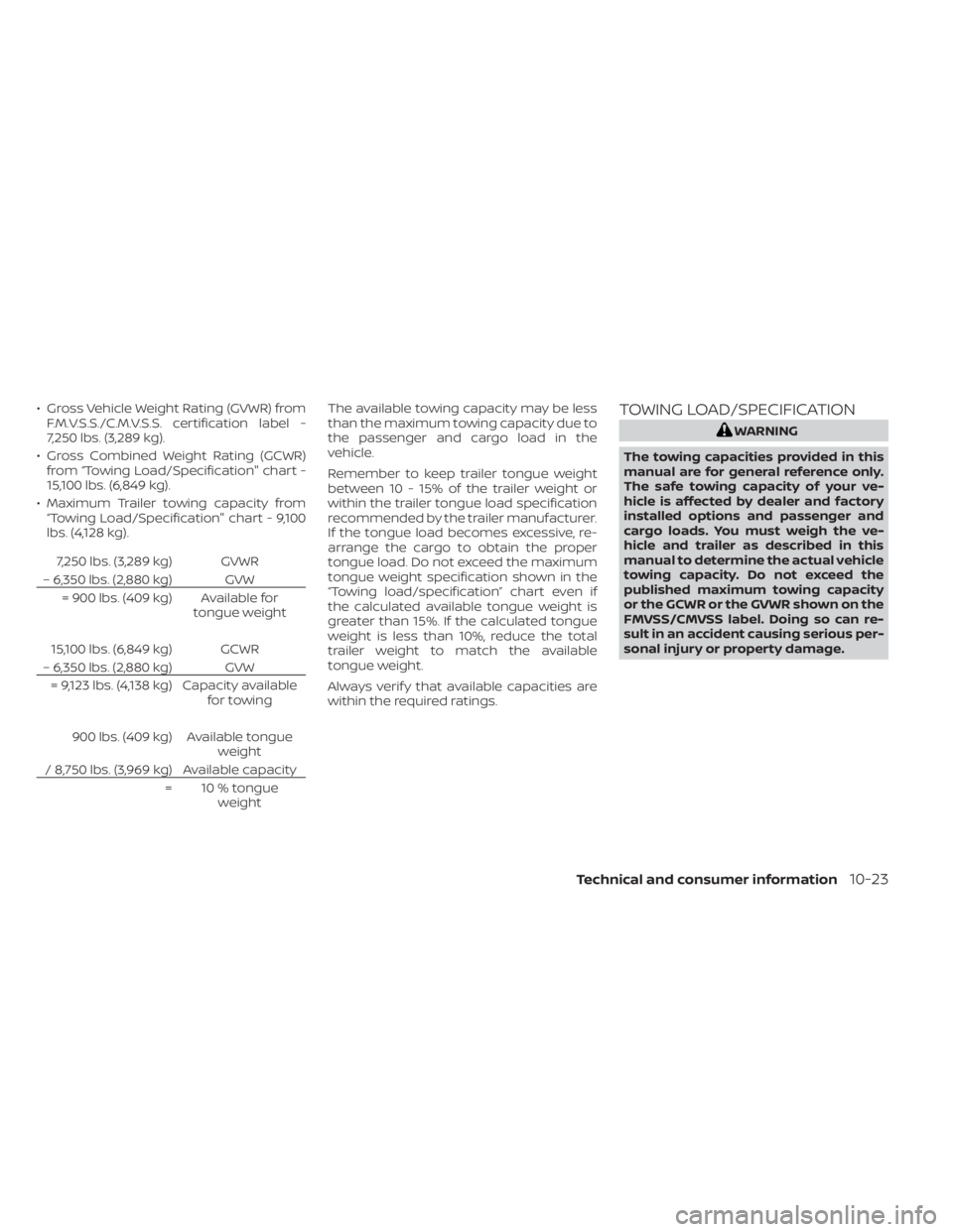 NISSAN PATHFINDER 2023 Owners Manual • Gross Vehicle Weight Rating (GVWR) fromF.M.V.S.S./C.M.V.S.S. certification label -
7,250 lbs. (3,289 kg).
• Gross Combined Weight Rating (GCWR) from “Towing Load/Specification" chart -
15, NISSAN PATHFINDER 2023 Owners Manual • Gross Vehicle Weight Rating (GVWR) fromF.M.V.S.S./C.M.V.S.S. certification label -
7,250 lbs. (3,289 kg).
• Gross Combined Weight Rating (GCWR) from “Towing Load/Specification" chart -
15,