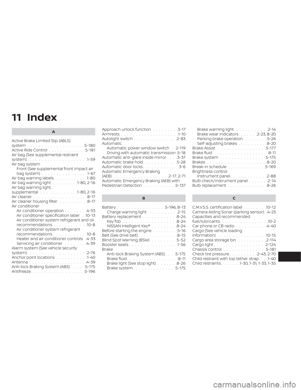 NISSAN PATHFINDER 2023  Owners Manual 11 Index
A
Active Brake Limited Slip (ABLS)
system....................5-180Active Ride Control.............5-181Air bag (See supplemental restraint
system).....................1-59Air bag system
Front