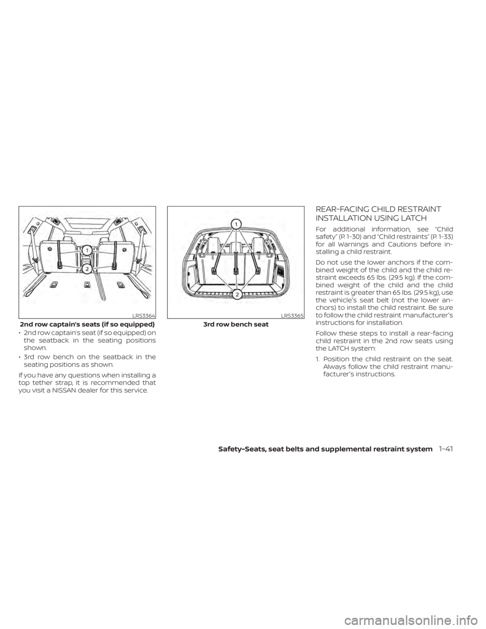 NISSAN PATHFINDER 2023  Owners Manual • 2nd row captain’s seat (if so equipped) onthe seatback in the seating positions
shown.
• 3rd row bench on the seatback in the seating positions as shown.
If you have any questions when install