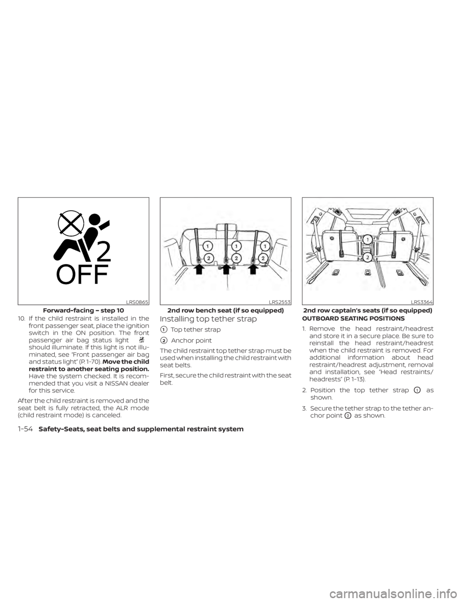 NISSAN PATHFINDER 2023  Owners Manual 10. If the child restraint is installed in thefront passenger seat, place the ignition
switch in the ON position. The front
passenger air bag status light
should illuminate. If this light is not illu-