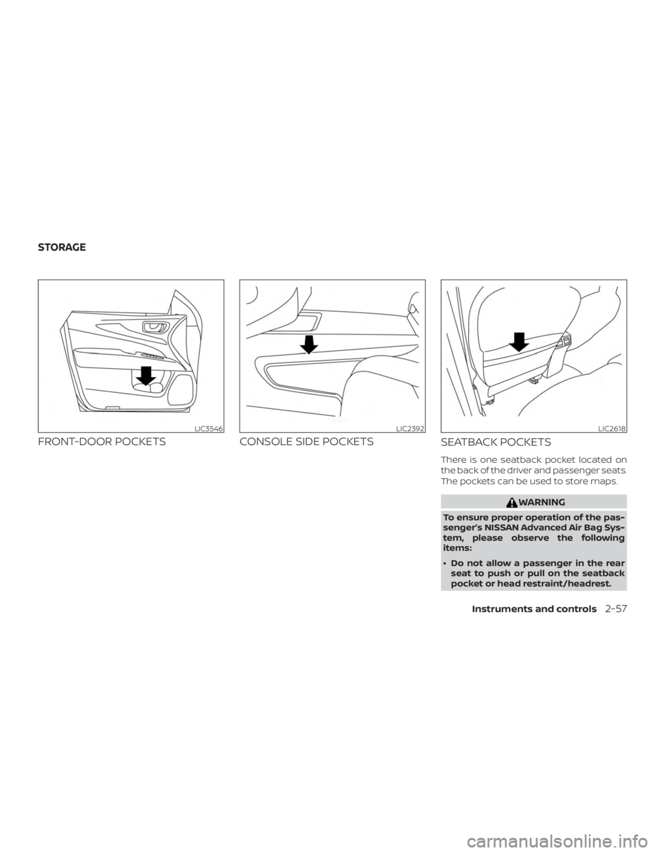 NISSAN PATHFINDER SV 2019  Owners Manual FRONT-DOOR POCKETSCONSOLE SIDE POCKETS
SEATBACK POCKETS
There is one seatback pocket located on
the back of the driver and passenger seats.
The pockets can be used to store maps. 
