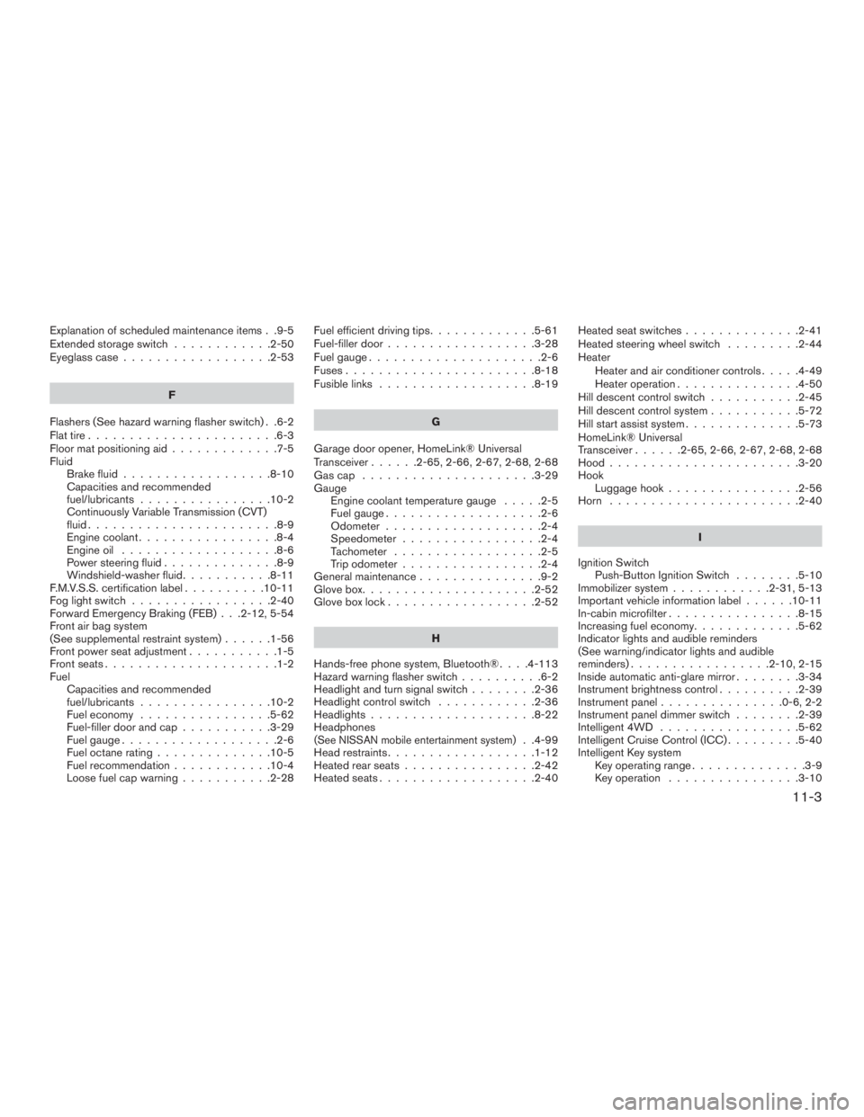 NISSAN PATHFINDER PLATINUM 2016  Owners Manual Explanation of scheduled maintenance items . .9-5
Extendedstorageswitch ............2-50
Eyeglass case..................2-53
F
Flashers (See hazard warning flasher switch) . .6-2
Flat tire ...........