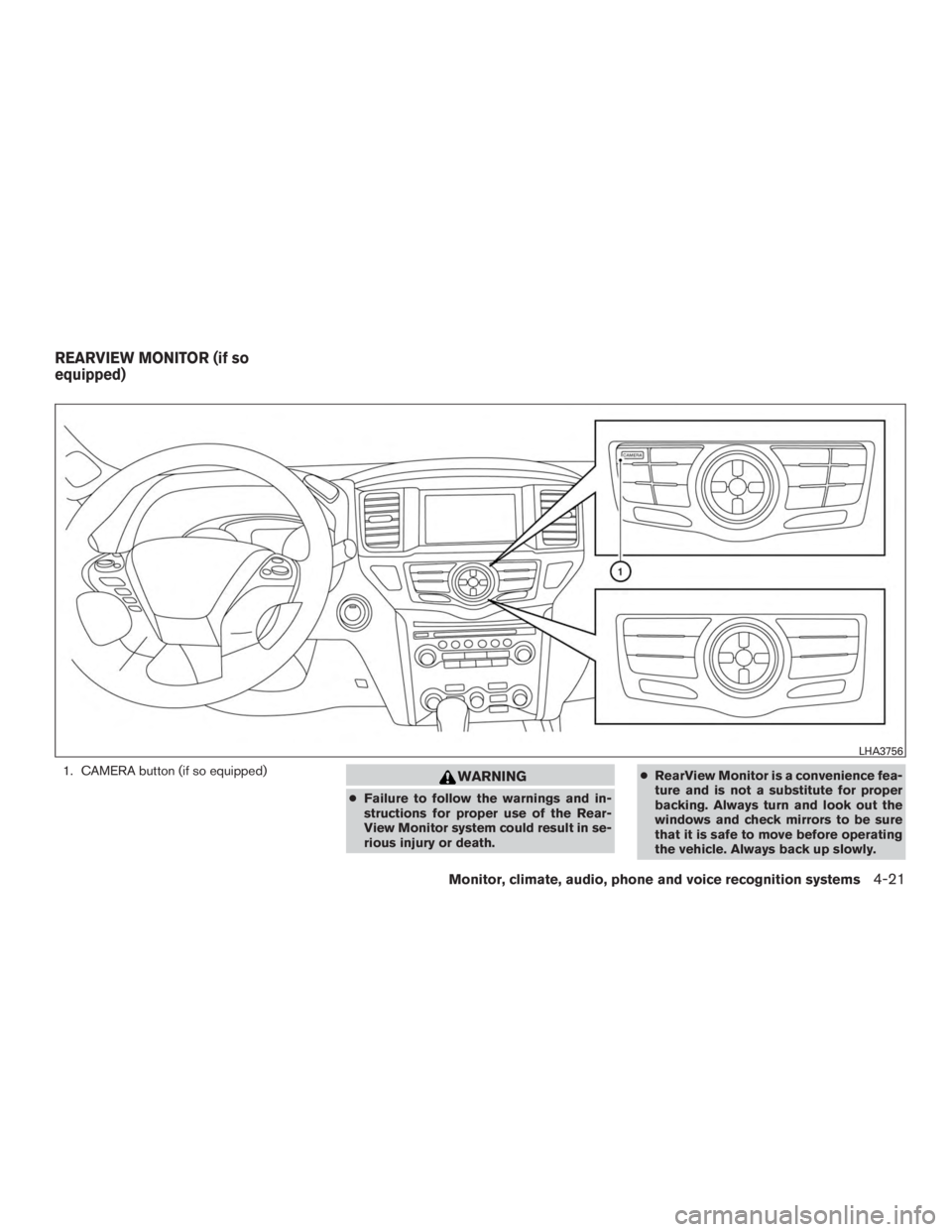 NISSAN PATHFINDER PLATINUM 2017  Owners Manual 1. CAMERA button (if so equipped) 