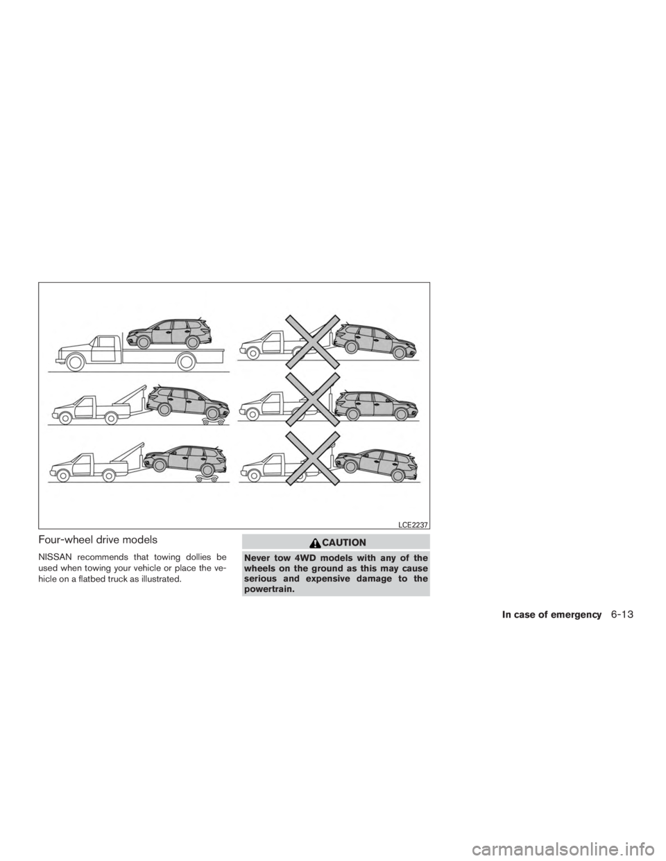 NISSAN PATHFINDER PLATINUM 2017  Owners Manual Four-wheel drive models
NISSAN recommends that towing dollies be
used when towing your vehicle or place the ve-
hicle on a flatbed truck as illustrated. 