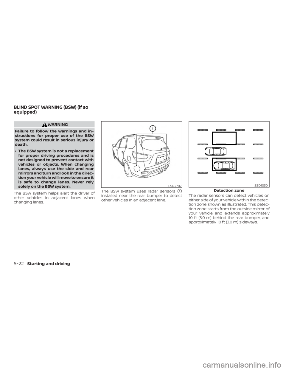 NISSAN PATHFINDER 2021 Owners Manual WARNING
Failure to follow the warnings and in-
structions for proper use of the BSW
system could result in serious injury or
death.
∙ The BSW system is not a replacementfor proper driving procedures NISSAN PATHFINDER 2021 Owners Manual WARNING
Failure to follow the warnings and in-
structions for proper use of the BSW
system could result in serious injury or
death.
∙ The BSW system is not a replacementfor proper driving procedures