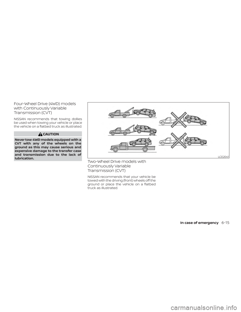 NISSAN PATHFINDER 2021  Owners Manual Four-Wheel Drive (4WD) models
with Continuously Variable
Transmission (CVT)
NISSAN recommends that towing dollies
be used when towing your vehicle or place
the vehicle on a flatbed truck as illustrate