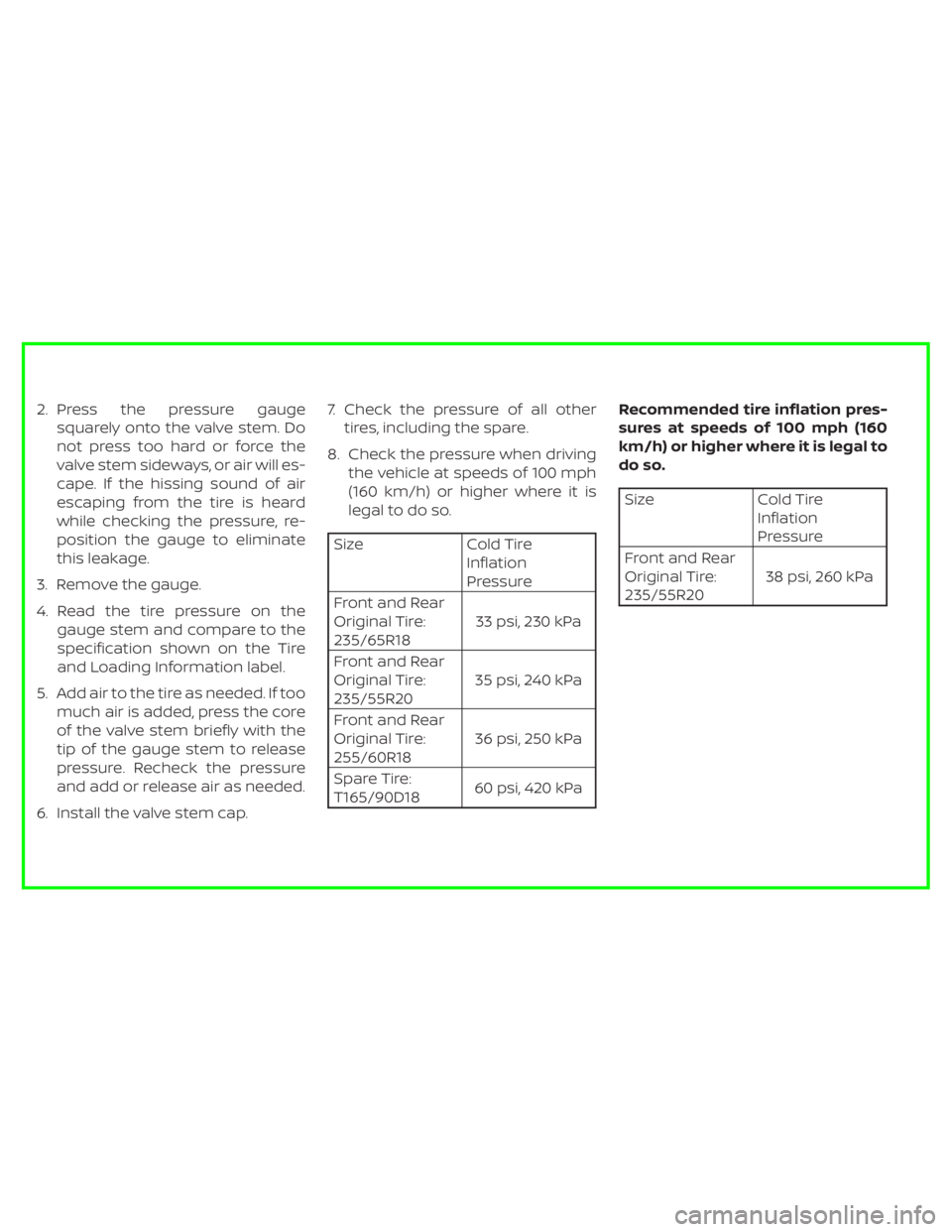 NISSAN PATHFINDER 2021  Owners Manual Size Cold Tire
Inflation
Pressure
Front and Rear
Original Tire:
235/65R1833 psi, 230 kPa
Front and Rear
Original Tire:
235/55R2035 psi, 240 kPa
Front and Rear
Original Tire:
255/60R1836 psi, 250 kPa
S
