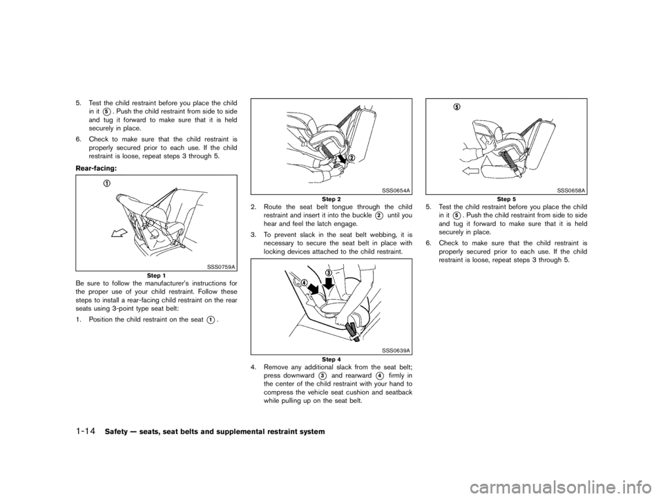 NISSAN PULSAR 2017 Owners Guide  
������ 
�> �(�G�L�W� ����� ���� �0�R�G�H�O� �&����$�@ 
1-14 
Safety Ðseats, seatbelts andsupple mental restraint system 
5. Test the child restraint beforeyouplace thechild
in i