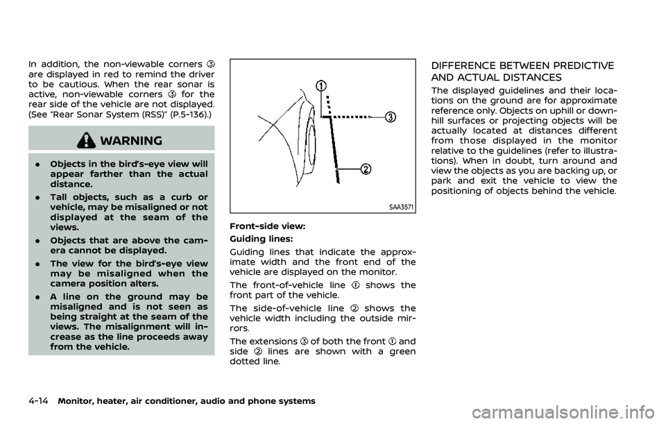 NISSAN QASHQAI 2023  Owners Manual 4-14Monitor, heater, air conditioner, audio and phone systems
In addition, the non-viewable cornersare displayed in red to remind the driver
to be cautious. When the rear sonar is
active, non-viewable