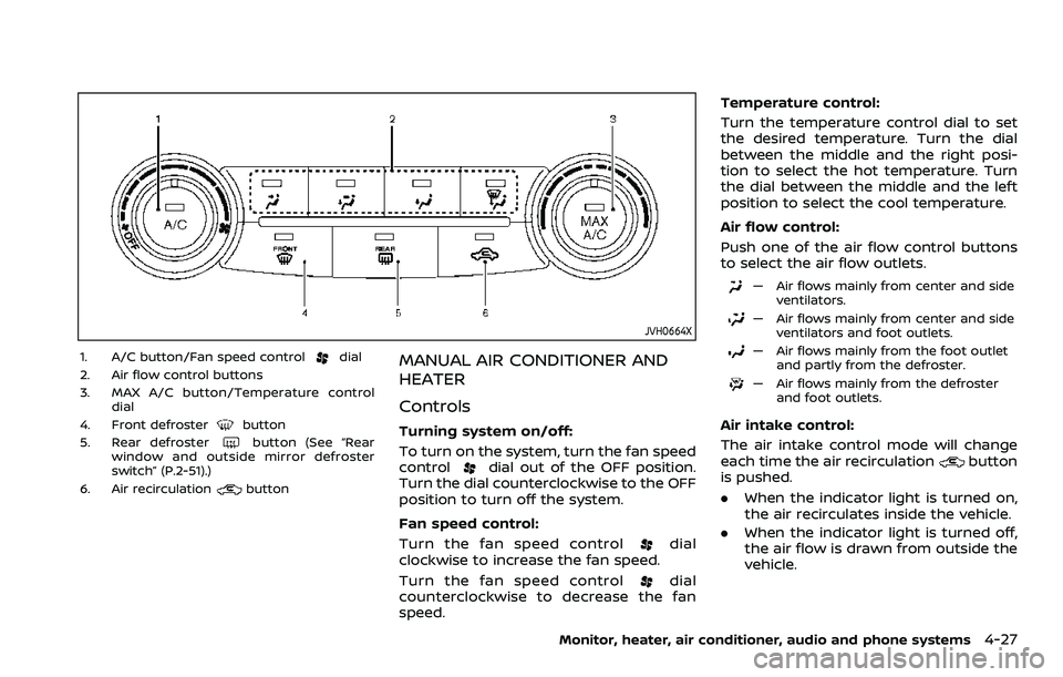 NISSAN QASHQAI 2023 Owners Manual JVH0664X
1. A/C button/Fan speed controldial
2. Air flow control buttons
3. MAX A/C button/Temperature control dial
4. Front defroster
button
5. Rear defrosterbutton (See “Rear
window and outside mi NISSAN QASHQAI 2023 Owners Manual JVH0664X
1. A/C button/Fan speed controldial
2. Air flow control buttons
3. MAX A/C button/Temperature control dial
4. Front defroster
button
5. Rear defrosterbutton (See “Rear
window and outside mi