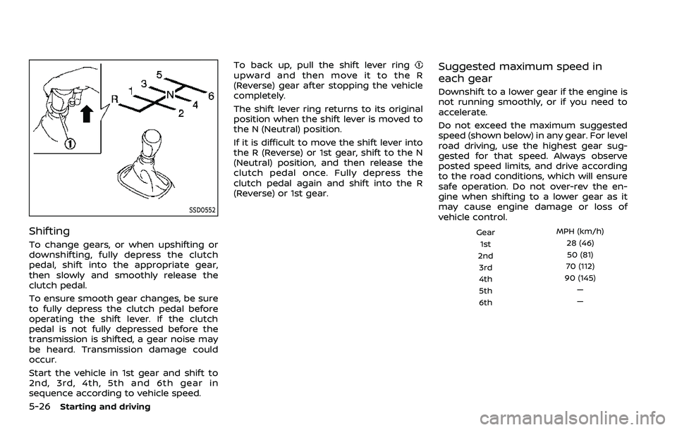 NISSAN QASHQAI 2023 Owners Manual 5-26Starting and driving
SSD0552
Shifting
To change gears, or when upshifting or
downshifting, fully depress the clutch
pedal, shift into the appropriate gear,
then slowly and smoothly release the
clu NISSAN QASHQAI 2023 Owners Manual 5-26Starting and driving
SSD0552
Shifting
To change gears, or when upshifting or
downshifting, fully depress the clutch
pedal, shift into the appropriate gear,
then slowly and smoothly release the
clu