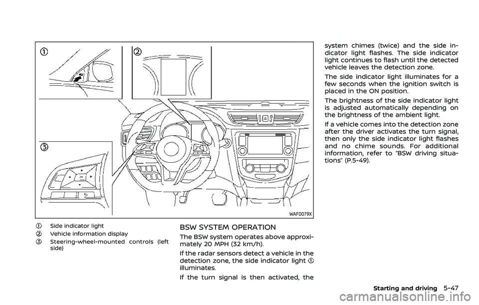 NISSAN QASHQAI 2023  Owners Manual WAF0079X
Side indicator lightVehicle information displaySteering-wheel-mounted controls (left
side)
BSW SYSTEM OPERATION
The BSW system operates above approxi-
mately 20 MPH (32 km/h).
If the radar se