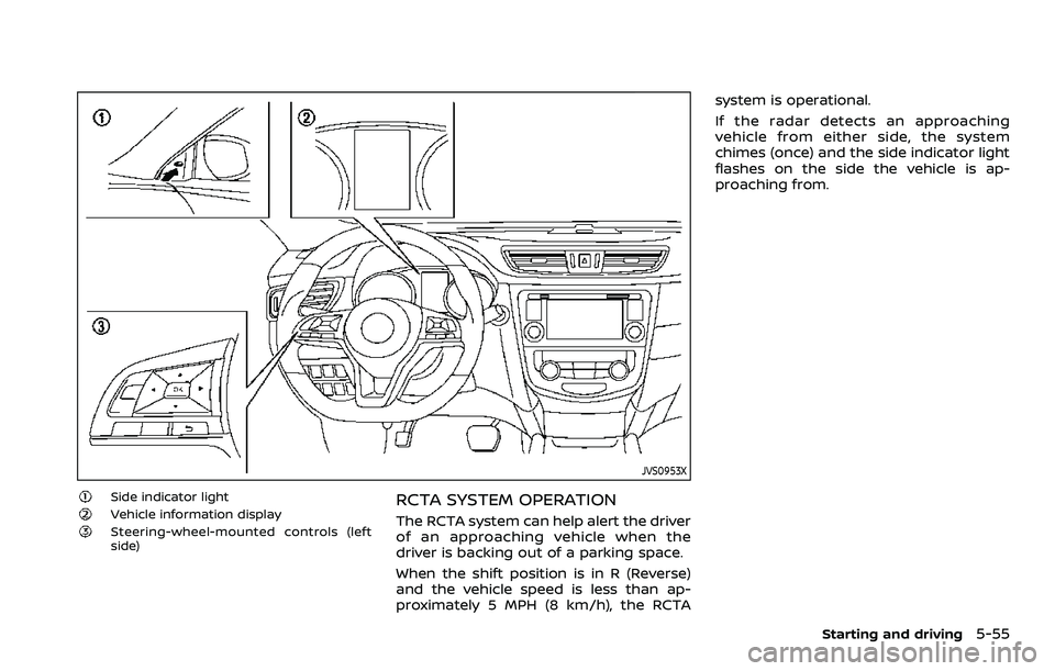 NISSAN QASHQAI 2023  Owners Manual JVS0953X
Side indicator lightVehicle information displaySteering-wheel-mounted controls (left
side)
RCTA SYSTEM OPERATION
The RCTA system can help alert the driver
of an approaching vehicle when the
d