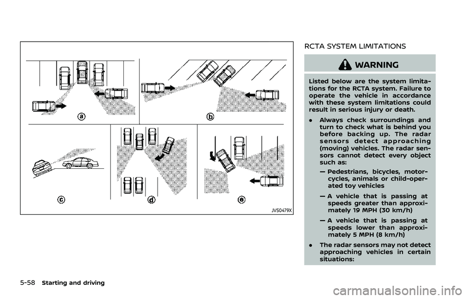 NISSAN QASHQAI 2023 User Guide 5-58Starting and driving
JVS0479X
RCTA SYSTEM LIMITATIONS
WARNING
Listed below are the system limita-
tions for the RCTA system. Failure to
operate the vehicle in accordance
with these system limitati
