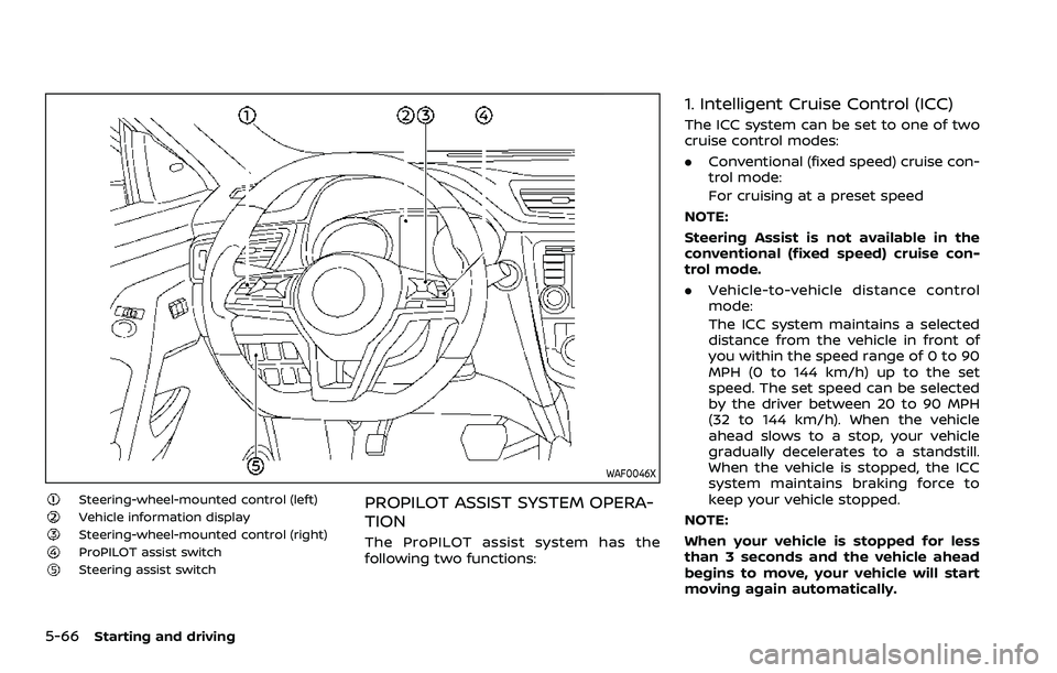 NISSAN QASHQAI 2023  Owners Manual 5-66Starting and driving
WAF0046X
Steering-wheel-mounted control (left)Vehicle information displaySteering-wheel-mounted control (right)ProPILOT assist switchSteering assist switch
PROPILOT ASSIST SYS