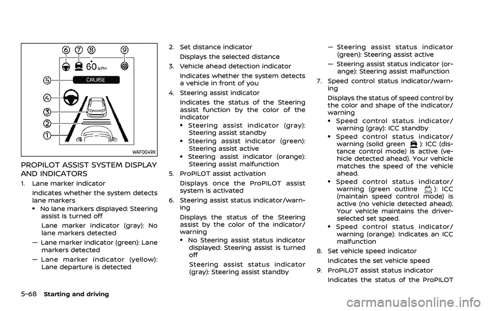 NISSAN QASHQAI 2023 Owners Manual 5-68Starting and driving
WAF0049X
PROPILOT ASSIST SYSTEM DISPLAY
AND INDICATORS
1. Lane marker indicatorIndicates whether the system detects
lane markers
.No lane markers displayed: Steeringassist is 